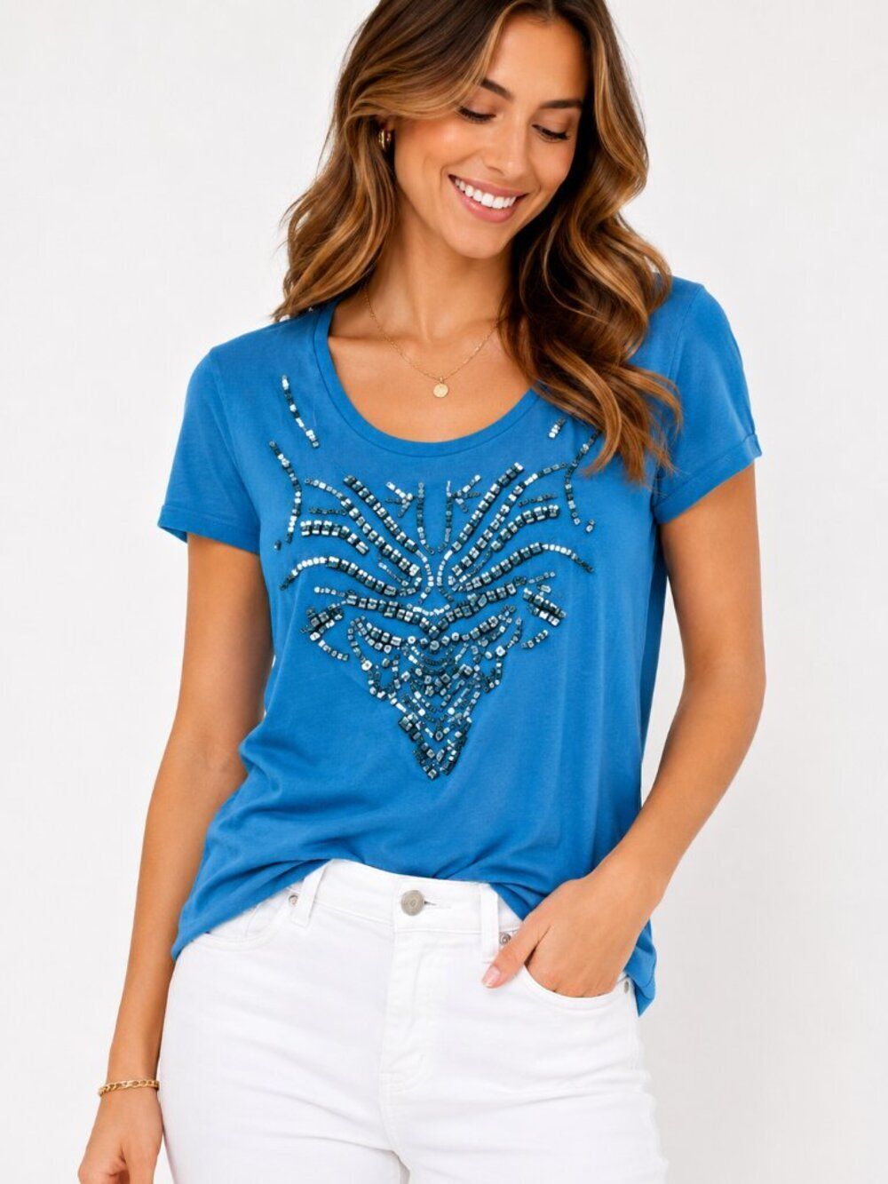 Juicy Couture Beaded Rhinestone Tee Women's Small | Blue Embellished Y2K Graphic